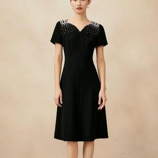 高端2025夏季新款曜石黑格型奢感重工钉珠优雅连衣裙5C35105830