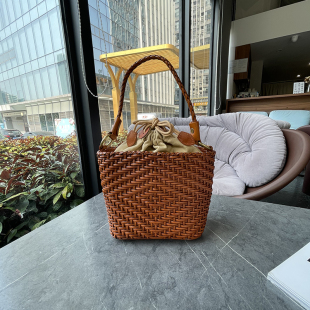 菲小姐定制文艺复古牛皮手工编织包真皮手提单肩斜挎沙滩菜篮子包