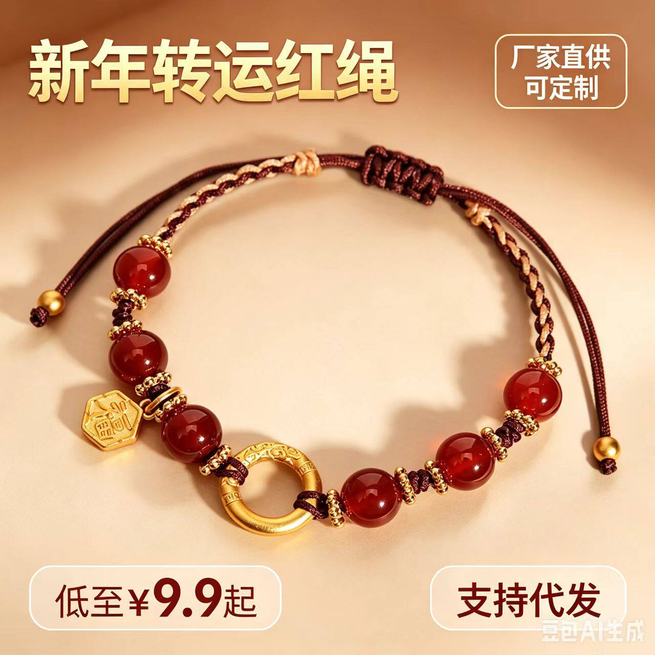 本命年红玛瑙福牌红绳手链女小众设计高级感学生闺蜜手饰品