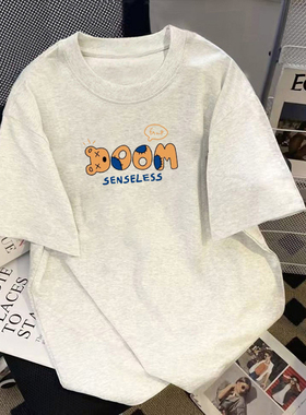 白灰色苹果短袖t恤女纯棉2025夏季新款爆款宽松大码印花上衣体恤