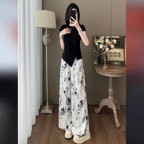 新中式国风水墨画阔腿裤半身裙裤女2026夏季新款穿搭休闲裤子