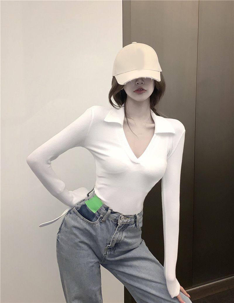 美式V领连体衣女春秋辣妹性感紧身连裆长袖打底衫弹力上衣潮