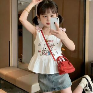 夏季卡哇伊新款卡通女孩儿童装宝宝可爱蝴蝶结无袖背心连衣裙子