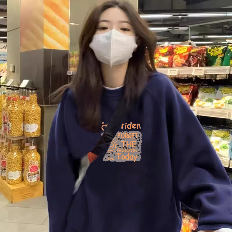 宽松胖mm大码圆领秋冬加绒加厚卫衣女设计感小众显瘦无帽外套上衣