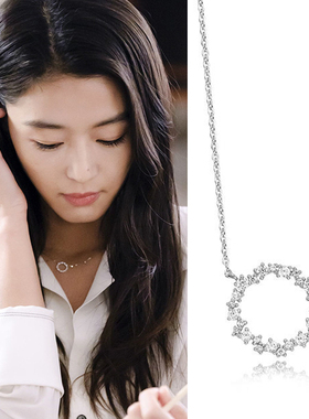 纯银蓝色镶钻锆石镂空圆圈项链