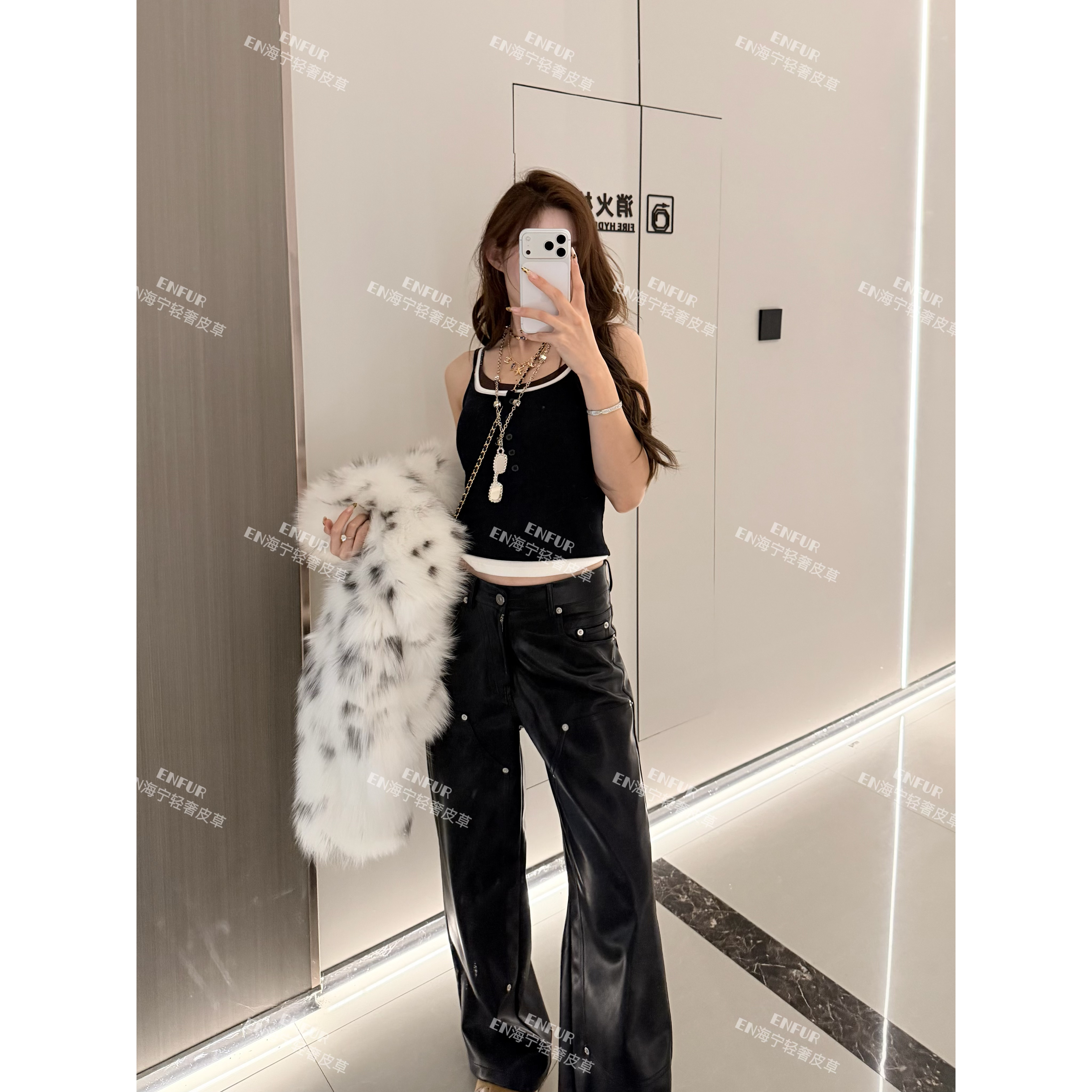 ENFUR | 休闲百搭直筒阔腿绵羊皮皮裤GG77217,女装/女士精品,皮裤,淘宝优惠券,粉丝福利购,淘宝优惠卷