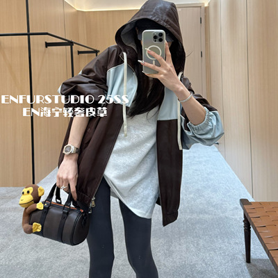 撞色连帽绵羊皮皮衣外套