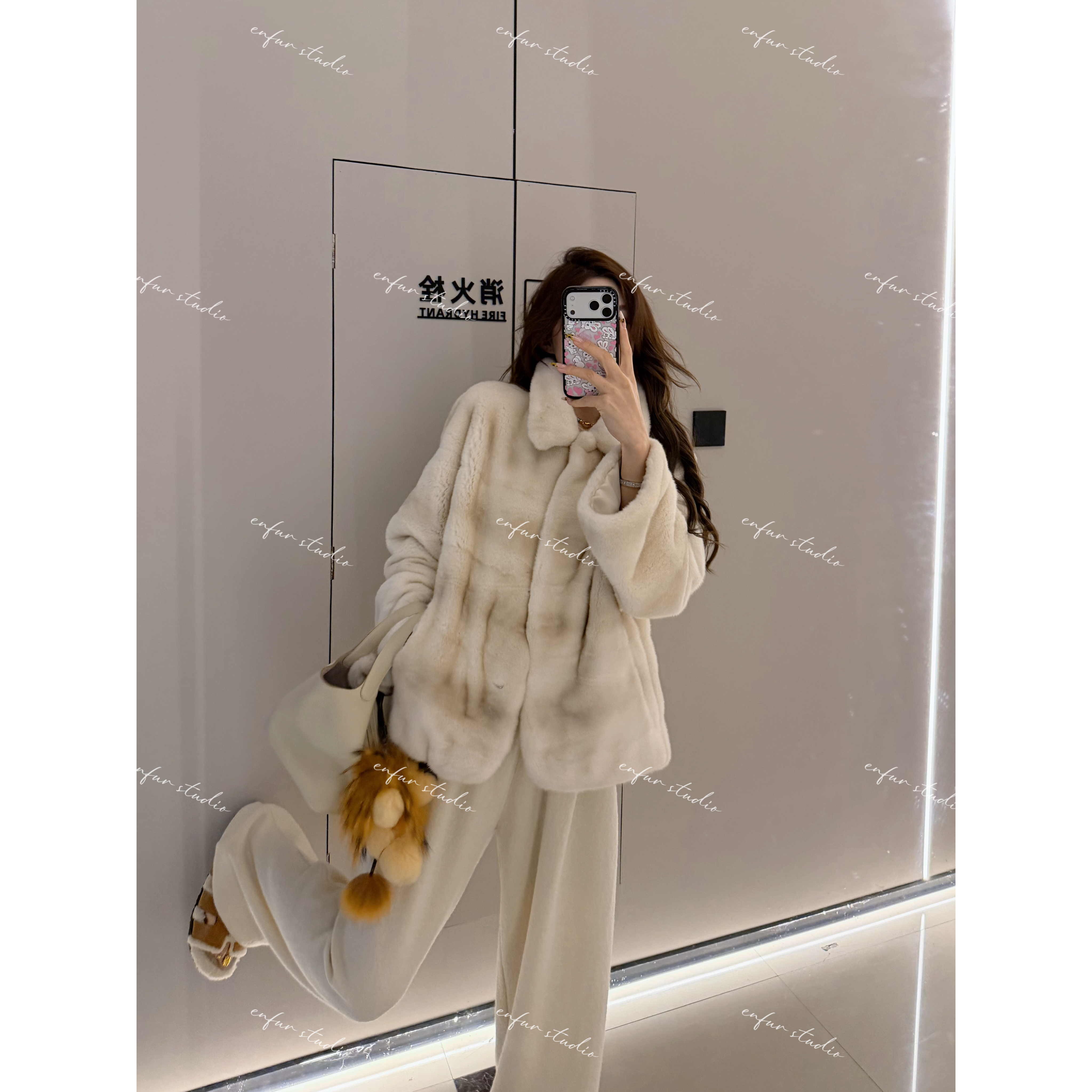 横排纹水貂毛皮草外套