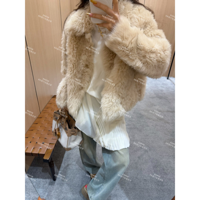 小翻领短款皮毛一体皮草外套