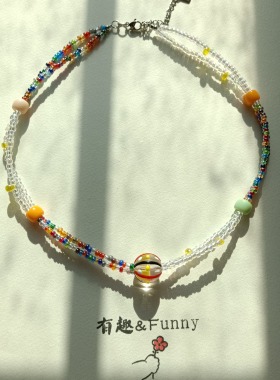 有趣funny童趣手绘星球琉璃珠糖果彩色米珠串珠双层项链YQX0025