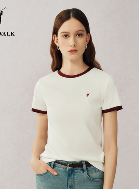 POLOWALK短袖圆领T恤女式2025春夏新品撞色打底上衣AY2W52E20941