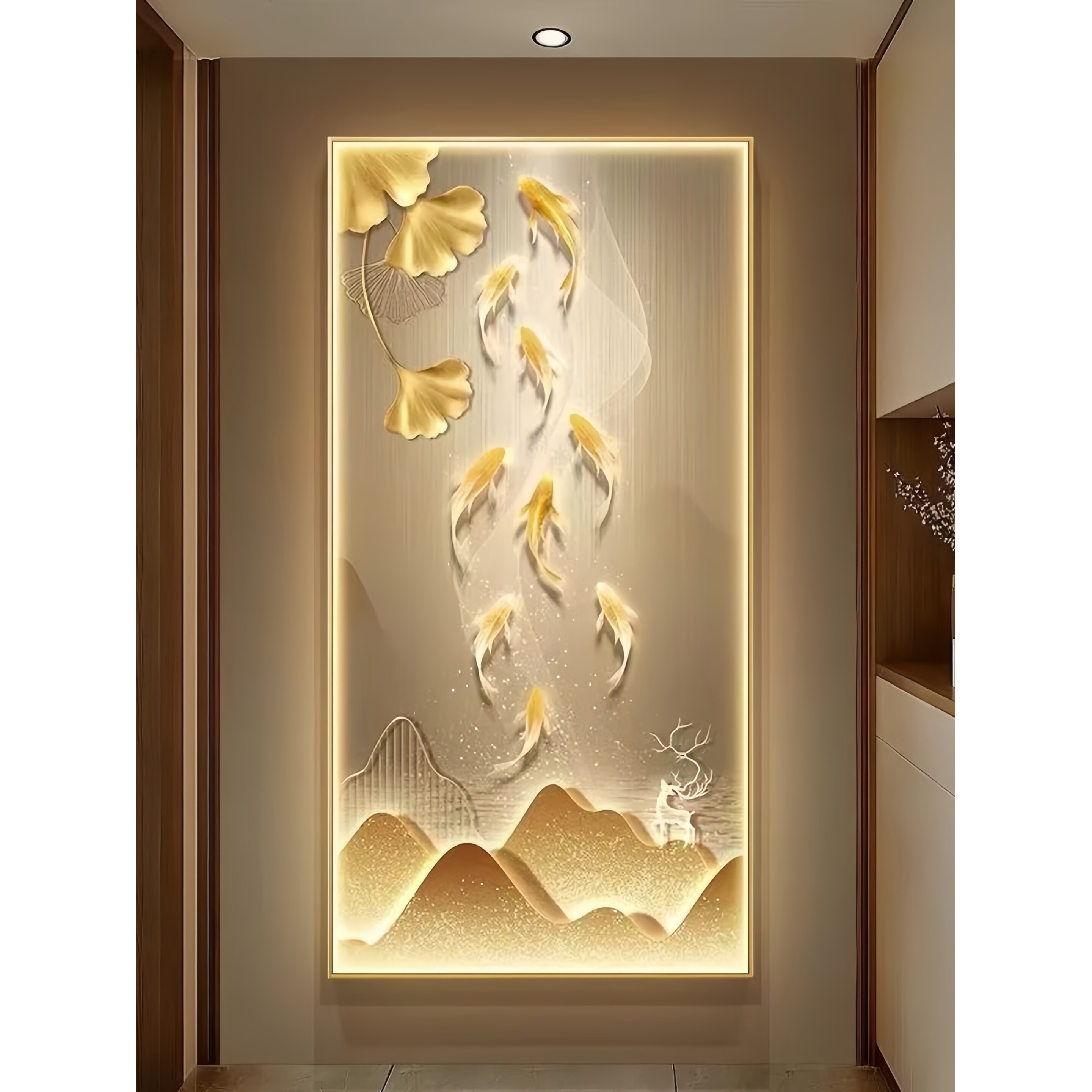 新款九鱼聚财金色轻奢入户正对门玄关装饰画客厅走廊过道LED灯画