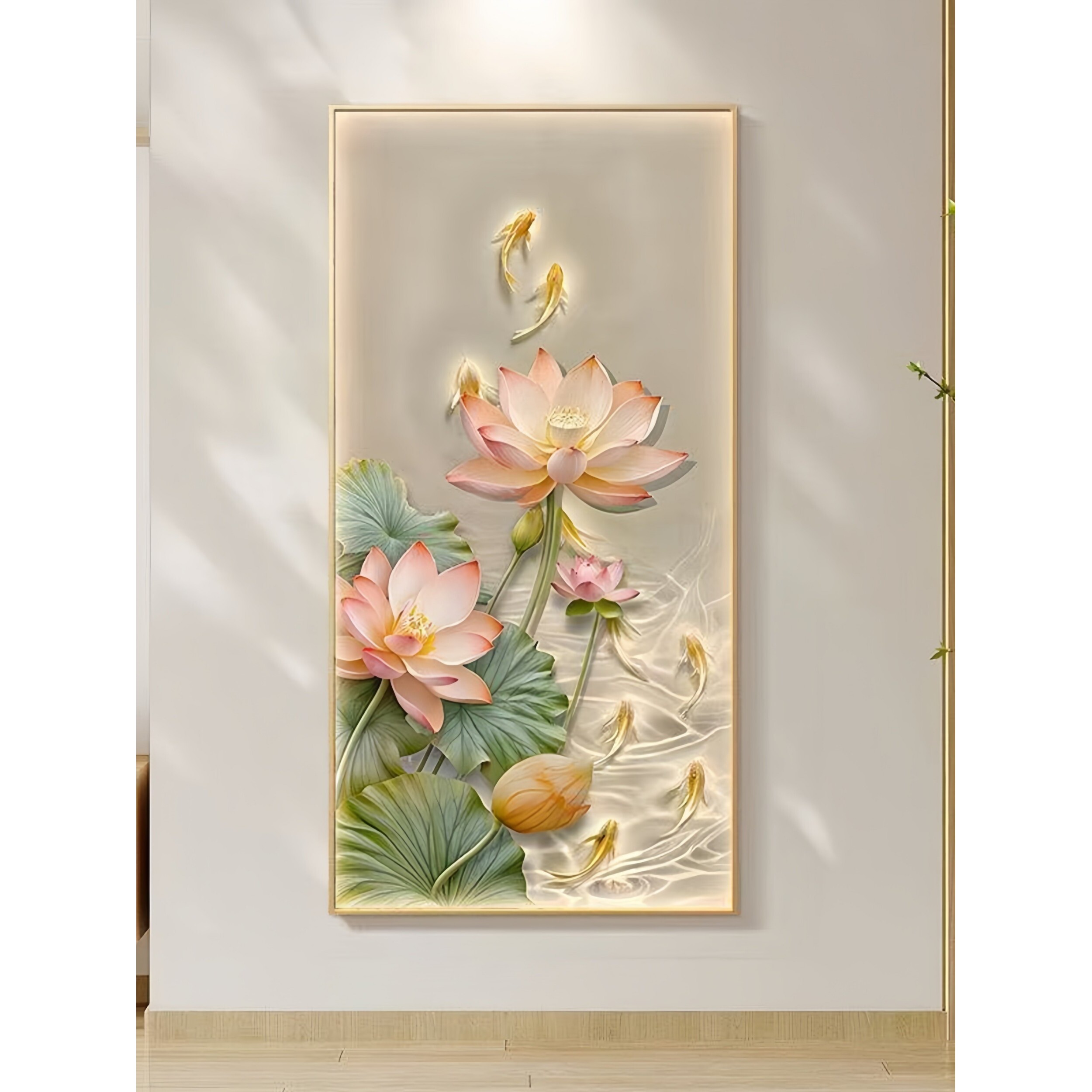 荷花九鱼图LED带灯画入户玄关装饰画走廊过道正对门壁画客厅挂画