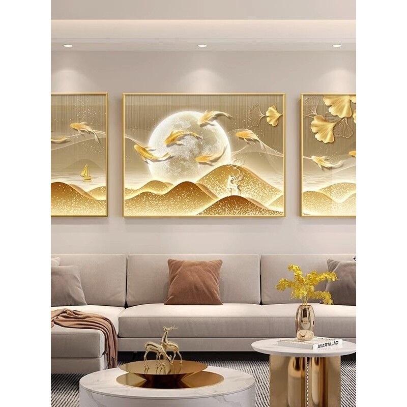 九鱼聚财图三联画客厅奶油风沙发背景墙晶瓷装饰画轻奢高级感壁画