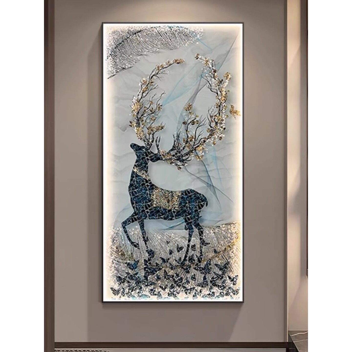 轻奢欧式入户玄关装饰画LED灯光画大气走廊过道挂画客厅竖版壁画