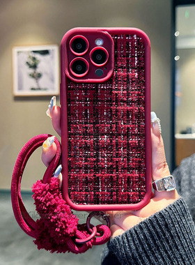 秋冬小香风绒布适用苹果16手机壳iPhone 15Plus新款红色14ProMax防摔13Pro全包奢华12/11潮流XS Max全包8Plus