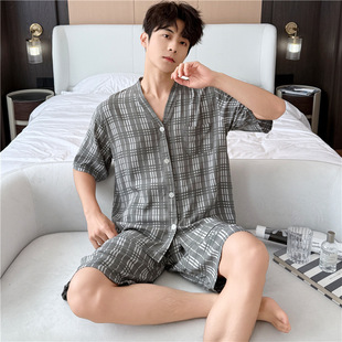 短袖 开衫 短裤 棉绸睡衣薄款 夏男 2026新款 两件套格子家居服套装 男士