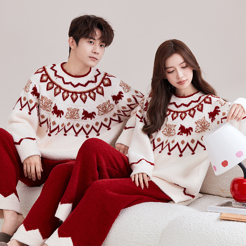 2025新款半边绒情侣睡衣男女费尔岛红色提花加厚保暖软绵绵家居服