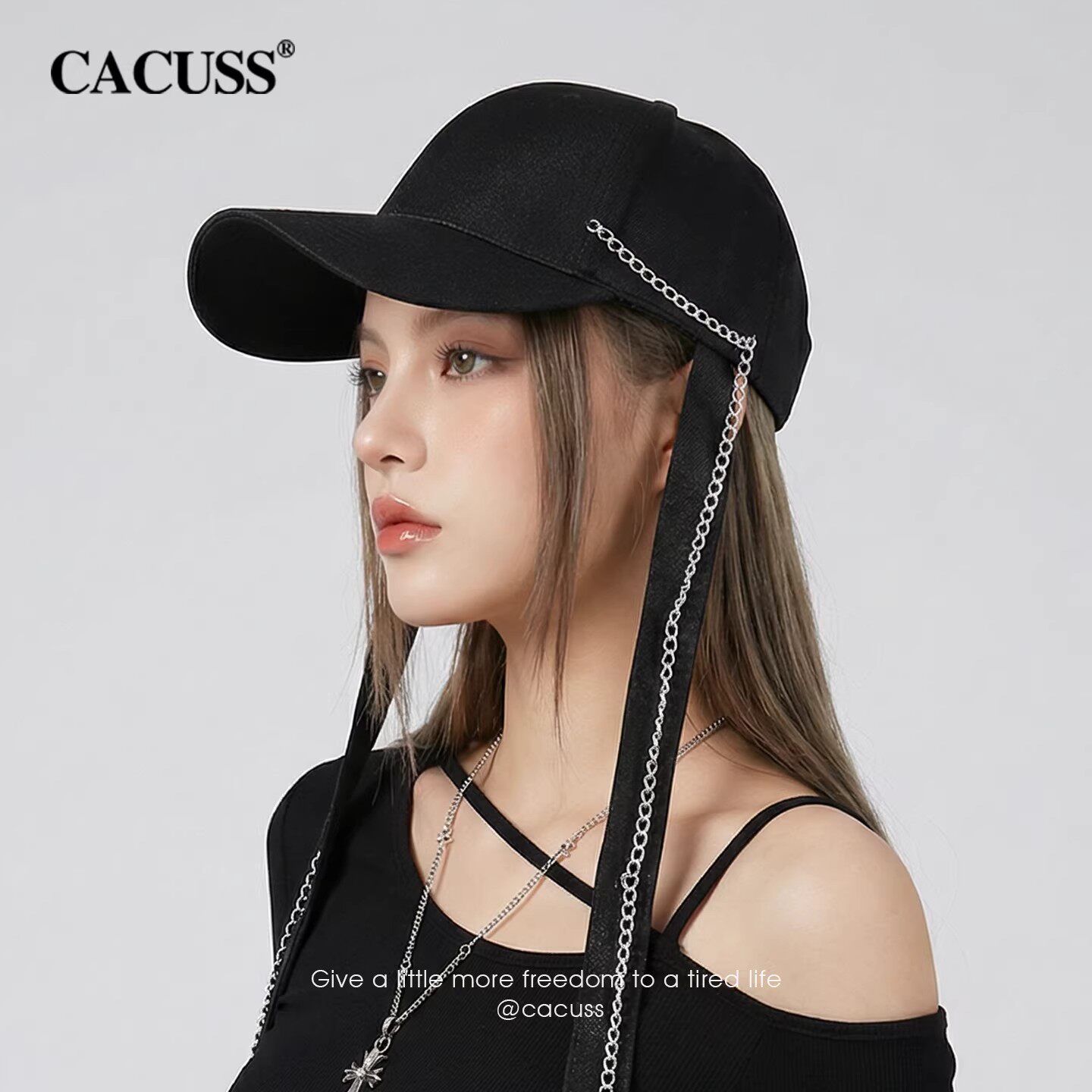 CACUSS鸭舌帽女士2026春季新款链条飘带黑色缎面棒球帽硬顶显脸小