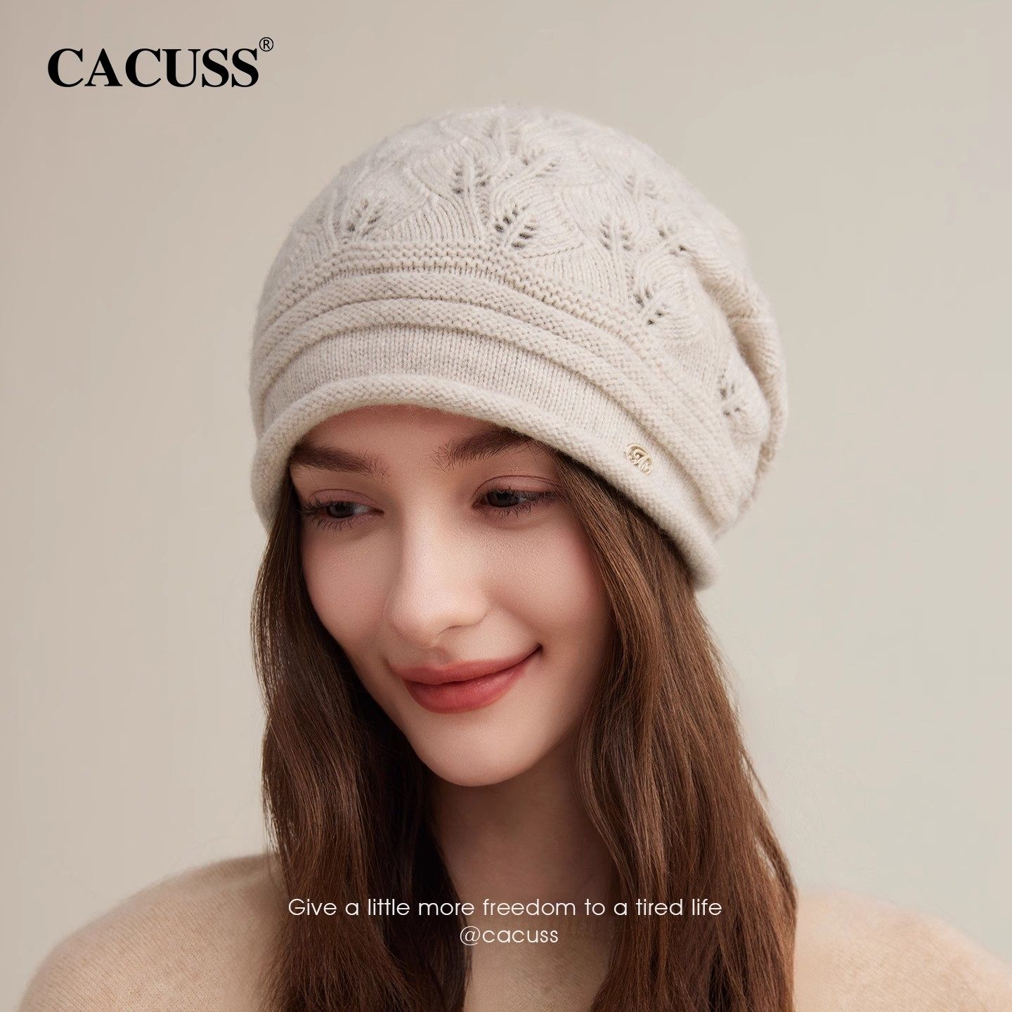 CACUSS纯羊毛镂空帽子女秋冬显脸小针织帽卷边减龄保暖毛线堆堆帽