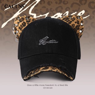 CACUSS豹纹猫耳朵棒球帽女秋冬季新款大头围鸭舌帽复古破洞帽子男