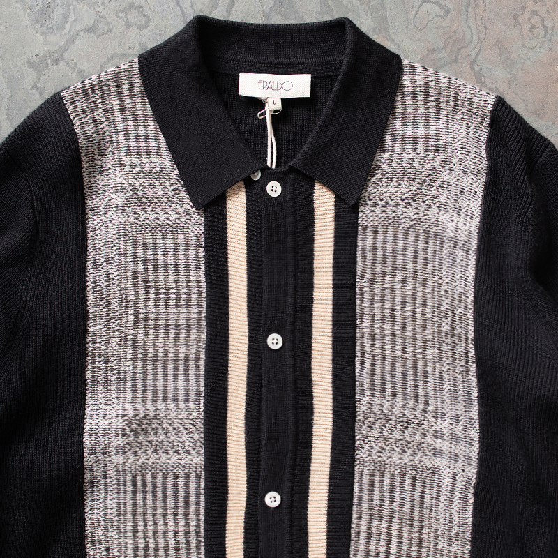 eraldo英式gao级复古风格仿花呢织法撞色翻领羊毛开衫