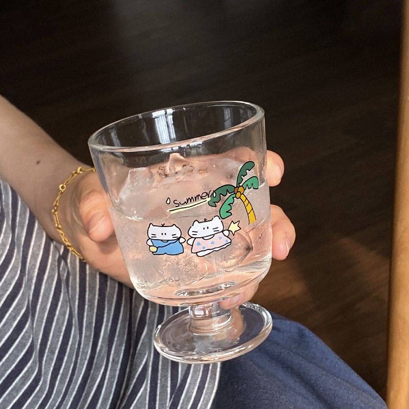 中古风玻璃杯可爱卡通summer椰树猫咪高脚杯小众简约牛奶甜品杯