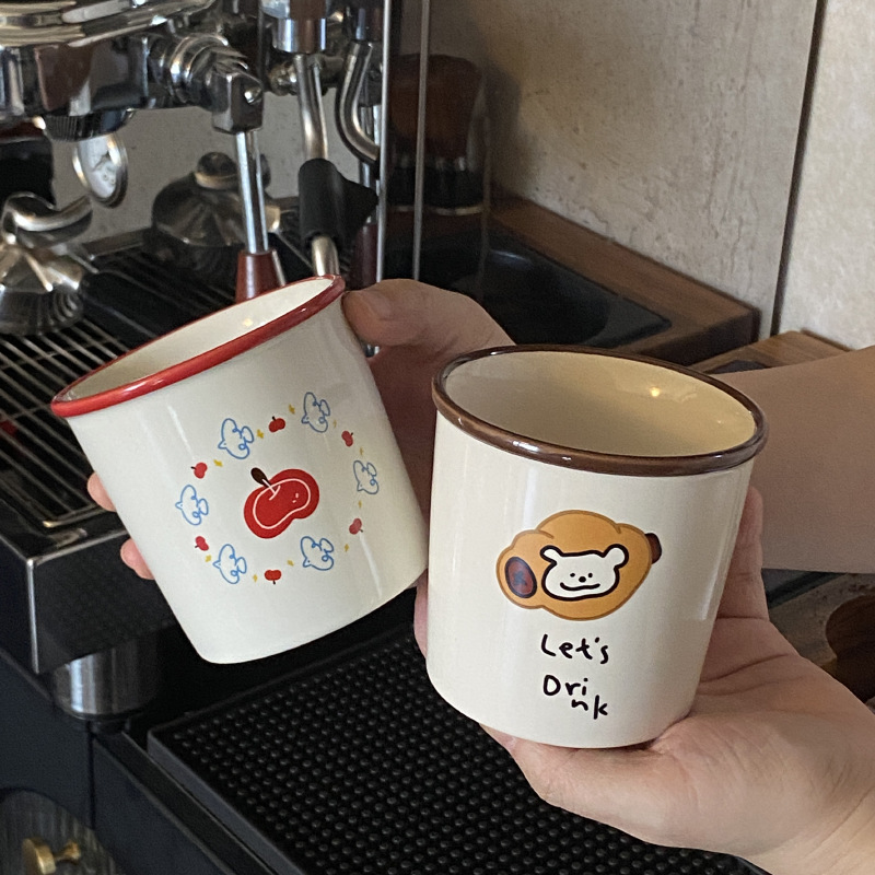 小众自制红苹果飞鸟咖啡杯 简约手绘面包小狗陶瓷翻口马克杯水杯