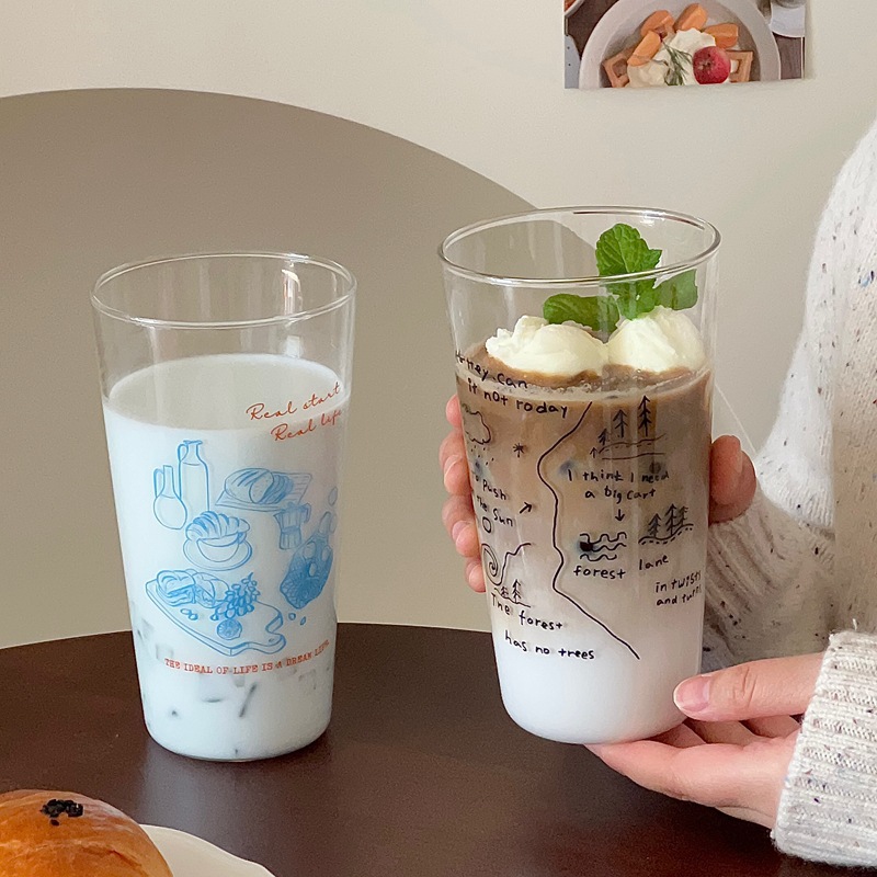 原创高颜值古早风玻璃杯简约高硼硅杯子大容量果汁杯牛奶杯咖啡杯