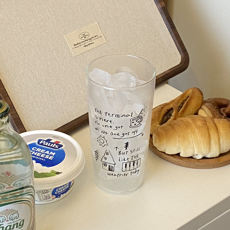 ins复古风简约涂鸦玻璃杯耐高温清透牛奶咖啡杯家用大容量水杯子