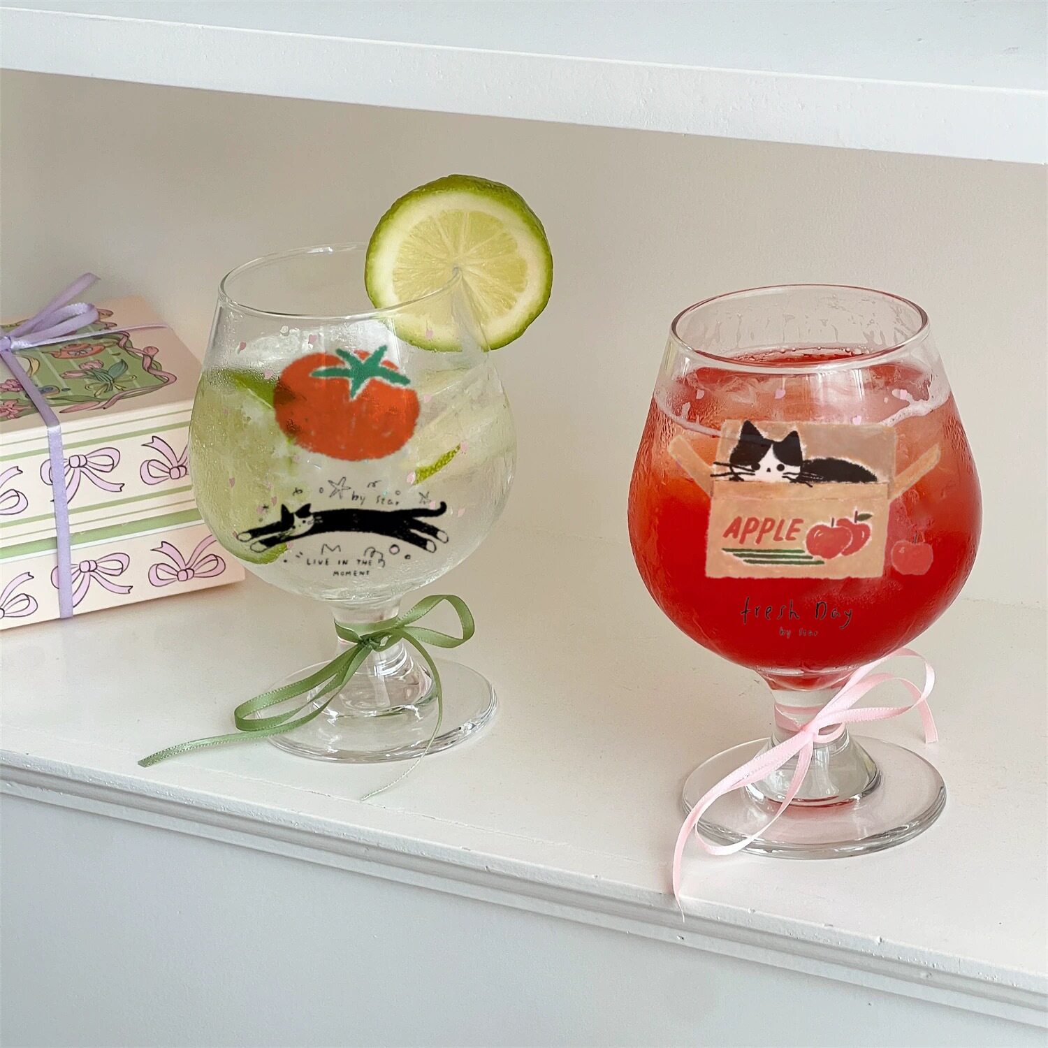 韩风猫咪玻璃杯红酒高脚杯果汁香槟饮料杯ins可爱少女心情侣酒杯