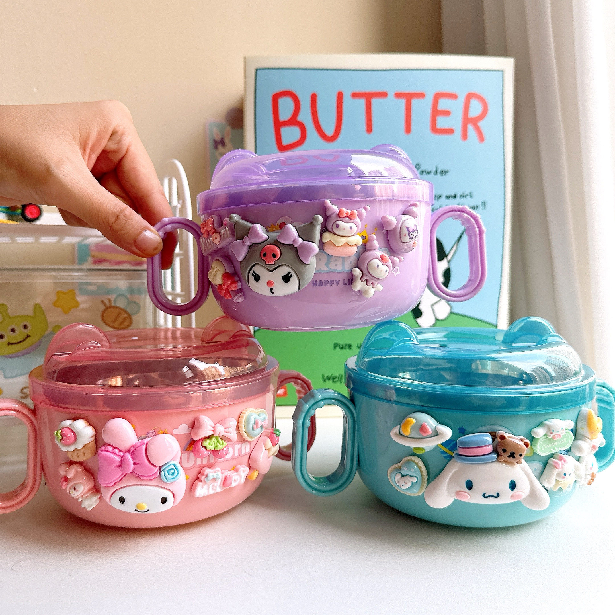 三丽鸥儿童吃饭碗不锈钢带盖专用宝宝隔热防烫家用手柄面汤碗餐具