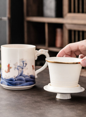 德化羊脂玉陶瓷茶杯带盖过滤泡茶杯子家用办公会议水杯马克杯定制