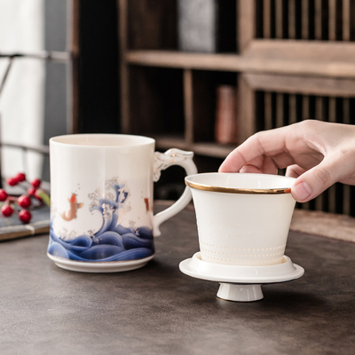 德化羊脂玉陶瓷茶杯带盖过滤泡茶杯子家用办公会议水杯马克杯定制