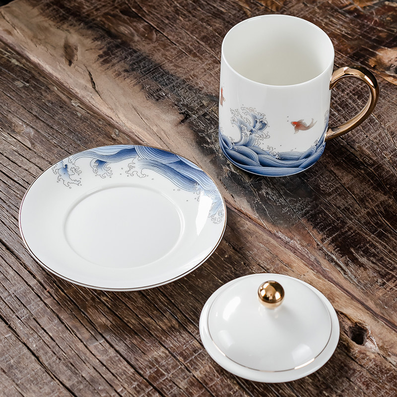 羊脂玉瓷办公茶水杯套装个人大容量带盖杯垫陶瓷马克杯子礼品定制