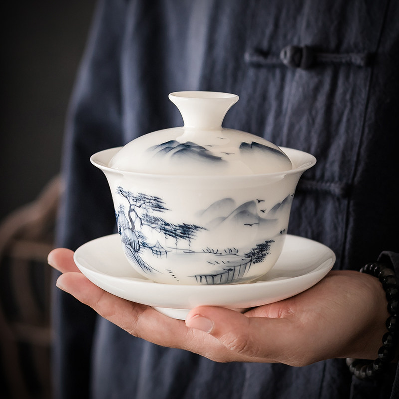 德化羊脂玉白瓷手工手绘 陶瓷三才盖碗280ml大号八宝茶碗功夫茶具