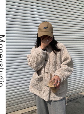 MSstudio 毛绒外套女冬百搭2025韩版新款牛角扣加厚羊羔毛短外套