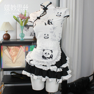 蝶妙思丝可爱少女新中式 A983 国风熊猫印花蓬蓬蛋糕裙小女仆围裙装