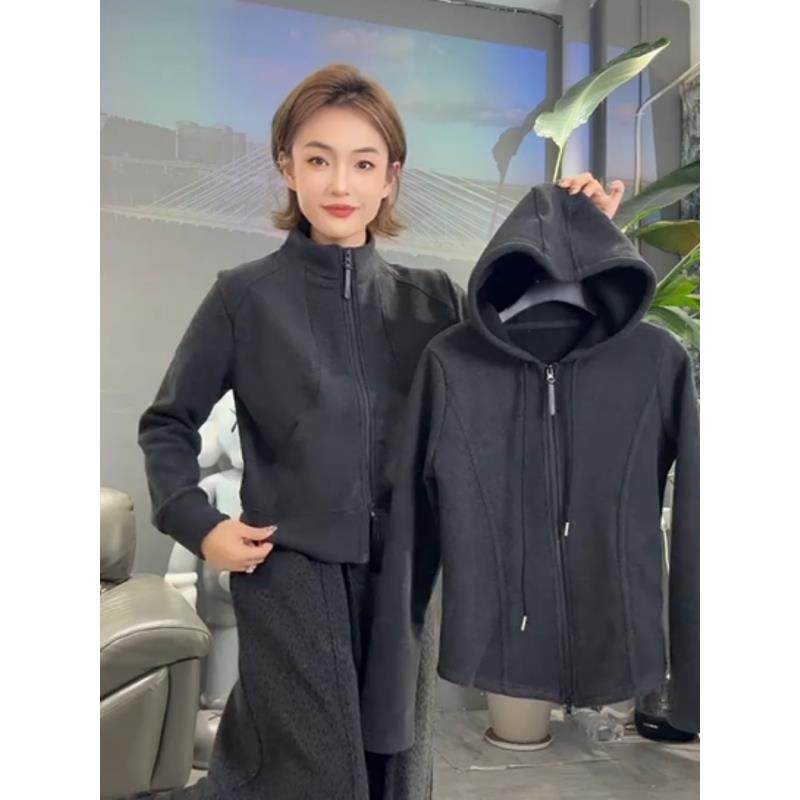 欧货灰色加绒连帽卫衣外套女2025秋冬新款设计感收腰显瘦拉链开衫