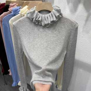 2025春季新款花边领针织衫女木耳边高级感半高领内搭羊毛打底衫潮