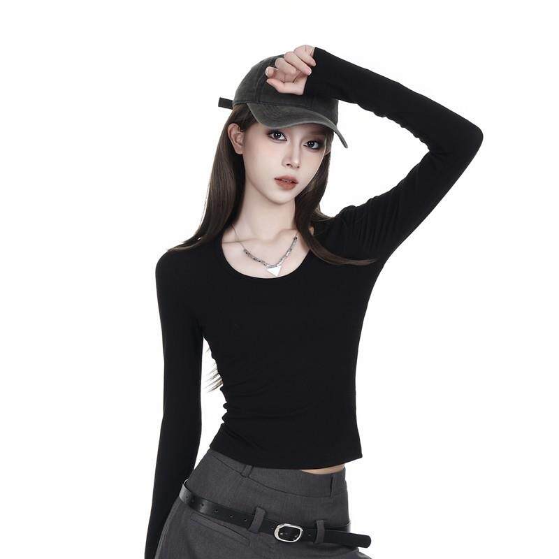 黑色正肩长袖t恤女内搭修身2025春小个子简约上衣收腰显瘦打底衫