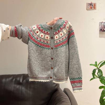 费尔岛提花高级感毛衣外套女2025年秋季外穿宽松撞色针织开衫上衣