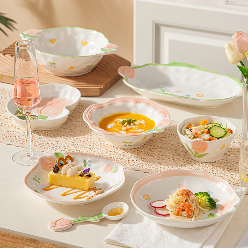 ins小清新手绘陶瓷潮州餐具套装郁金香可爱盘子家用饭汤碗高颜值