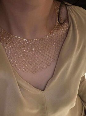 编织网纹蕾丝花边宽项链欧美时髦女镀1宴会配饰礼物