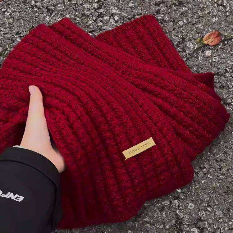 红色新年围巾女冬季保暖纯色韩版加厚针织毛线围脖送男友御寒披肩