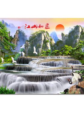 新款流水生财墙贴画山水画高山流水瀑布江山如画山风水挂墙画w22