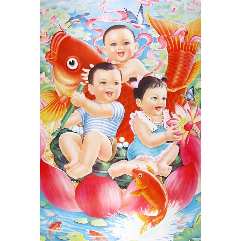 年画娃娃送子图宝宝画报墙贴男女龙凤胎海报求子金童玉女助孕