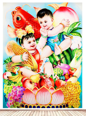 年画娃娃送子图宝宝画报新婚备孕男女龙凤胖娃娃吉祥自粘贴画5