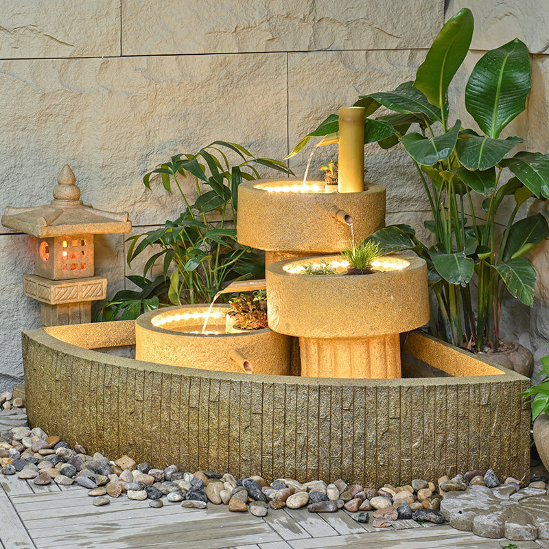 庭院带灯假山循环流水摆件