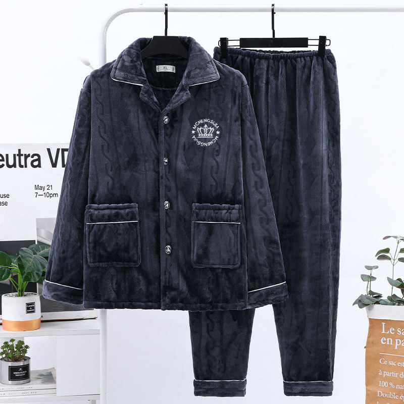 2025年新秋冬法兰绒男款睡衣开扣睡衣350克中厚加大码家居服特价
